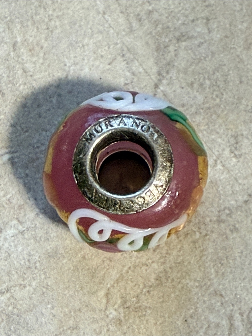 Murano Vecchia Dusty Rose Glass Floral Bead with White Swirls